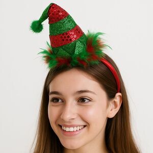 Red Green Sequin Elf Hat Headband Boa Feather Pom Pom Festive Holiday Accessory